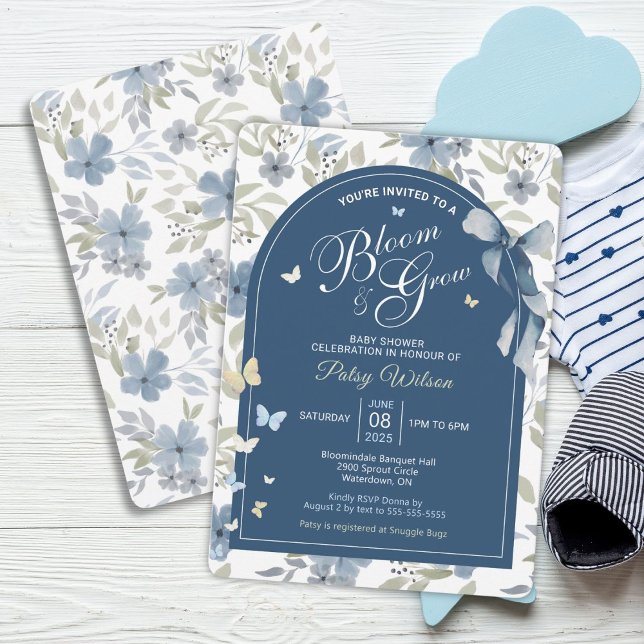 Convite para Bloom e Chá de fraldas Crescente (Blue Floral Bloom and Grow Baby Shower Invitation)