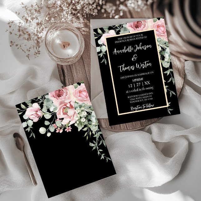 Convite para Boho Floral Preto e Rosa (Elegant Black, Pink Floral watercolor boho style with gold accents wedding invitation.)