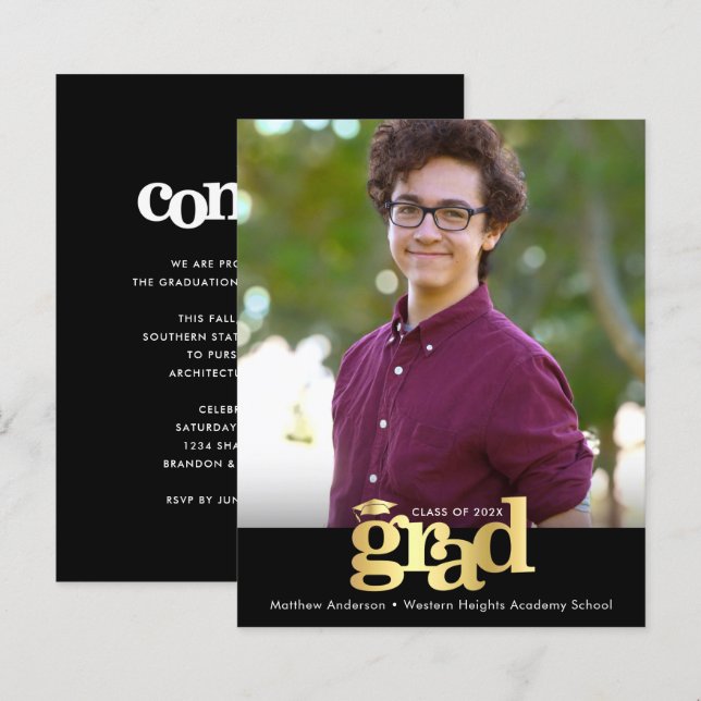 Convite para Boné de Graduação de Fotos Dourada Pr (Frente/Verso)