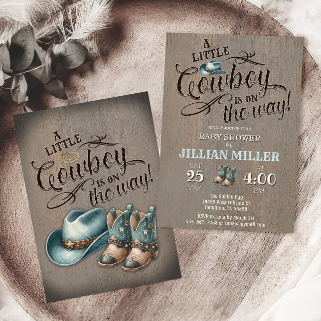 Convite para Botas de Cowboy do Oeste Selvagem (A little cowboy is on the way boys baby shower invitation. Wild west rustic country )