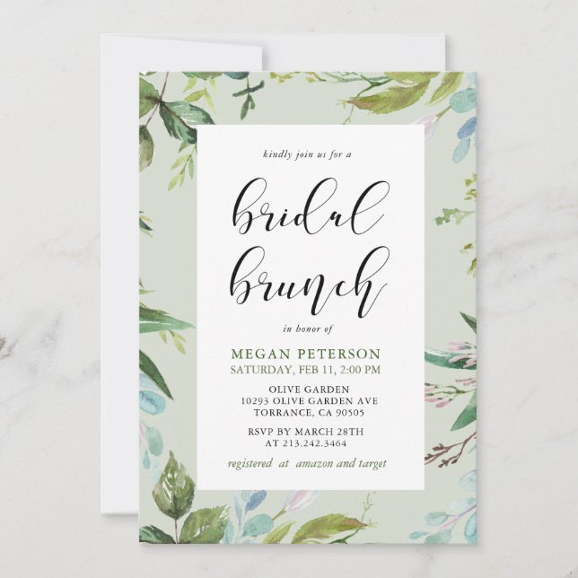 Convite para Bridal Elegante Greenery Brunch (Frente)