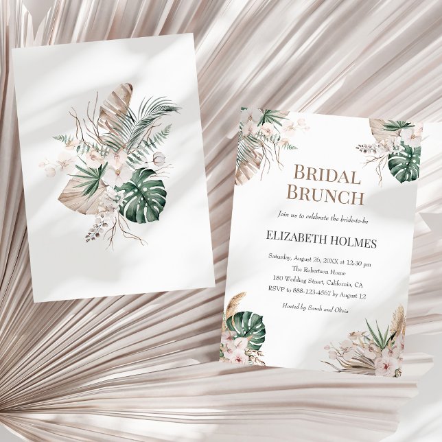 Convite para Bridal Orquídea Tropical de Boho (Boho Tropical Orchid Bridal Brunch Invitation on a sunny neutral dry palm leaf.)