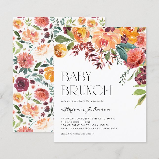 Convite para Brunch de Bebê Floral de Outono (Frente/Verso)