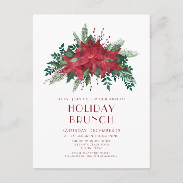 Convite para Brunch de Feriado com Poinsettias Ver (Frente)