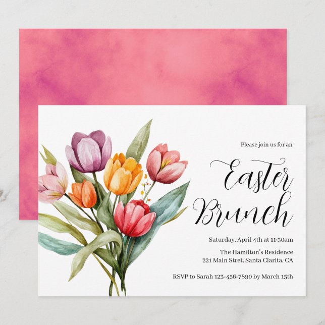 Convite para Brunch de Páscoa com Tulipas Florais  (Frente/Verso)