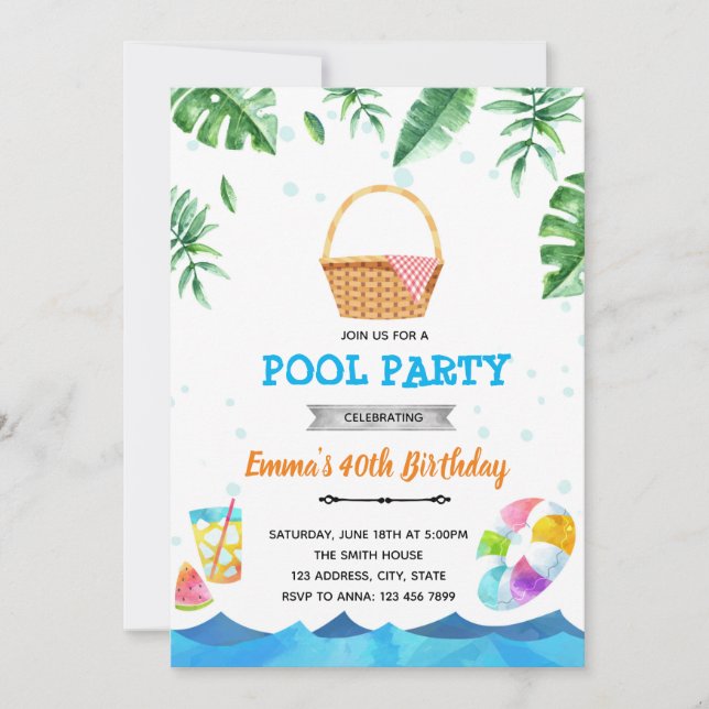 Convite para brunch de picnic tropical na piscina (Frente)