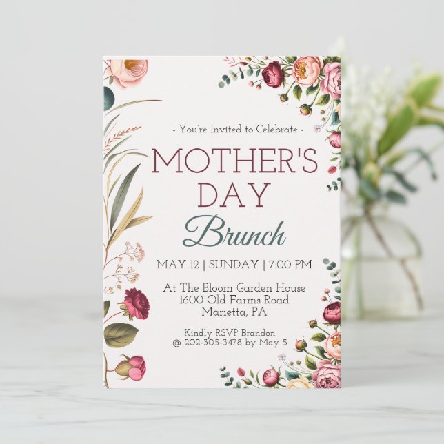 Convite para Brunch do Dia das Mães Floral Botânic (Em pé/Frente)