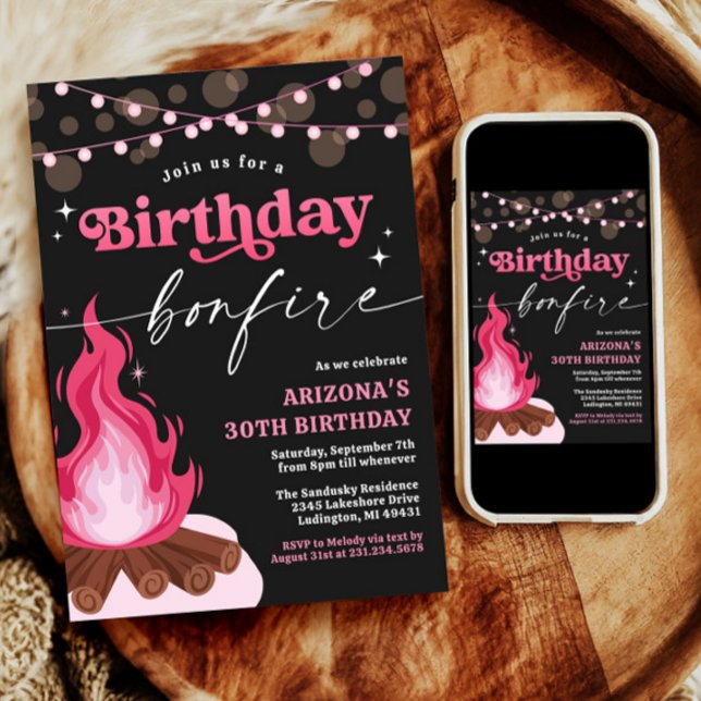 Convite para Burgir de Aniversário Rosa Moderno (Modern Pink Birthday Bonfire Invitation)