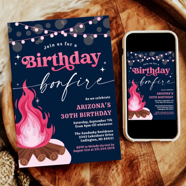Convite para Burgir de Aniversário Rosa Moderno (Modern Pink Birthday Bonfire Invitation
)