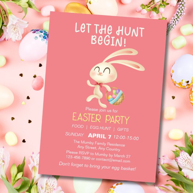 Convite para Caça ao Ovo de Páscoa Brunch Coelhinh (Easter Party Invitation with Cute Bunny running for egg hunt)