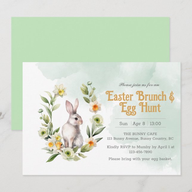 Convite para Caça ao Ovo no Brunch de Páscoa Rabbi (Frente/Verso)