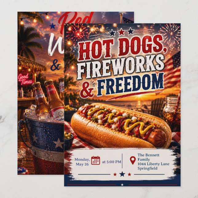 Convite para Cachorros Quentes Fogos de Artifício  (Frente/Verso)