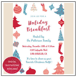 Convite para Café da Manhã de Natal Fofo Rosa e Az