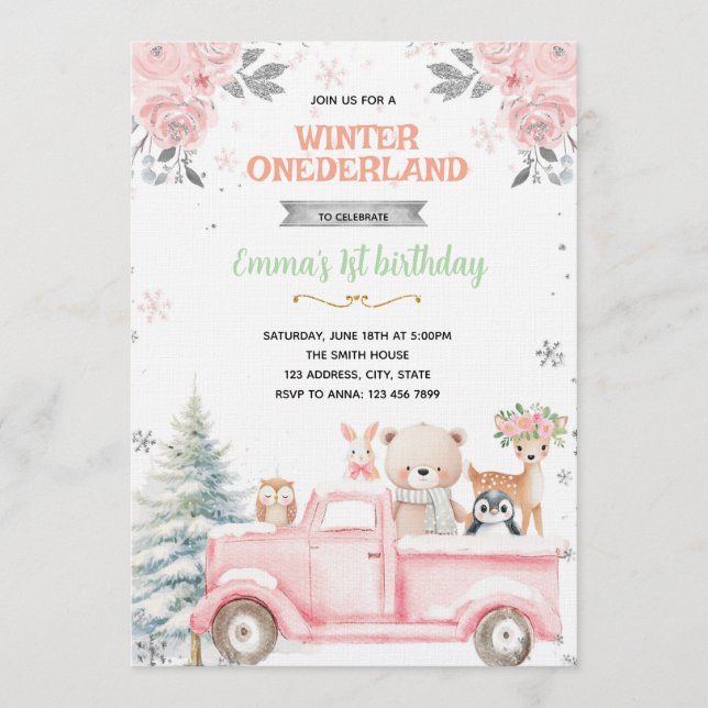 convite para caminhão de menina do Winter Onederla (Frente)
