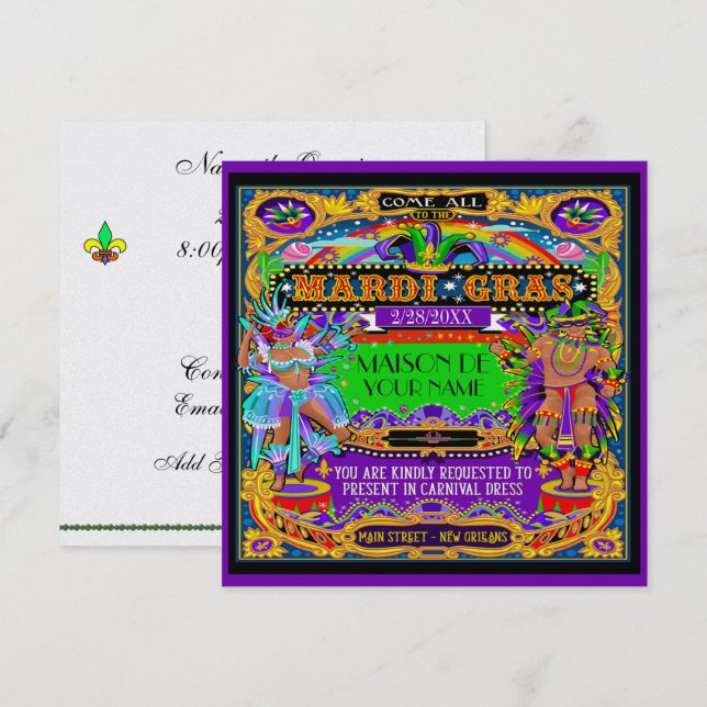 Convite para Carnaval de Mardi Gras FABULOSO (Frente/Verso)