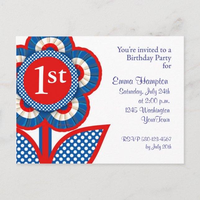 Convite para Cartão-postal de primeiro aniversario (Frente)