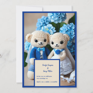 convite para casal de casamento de crochê azul