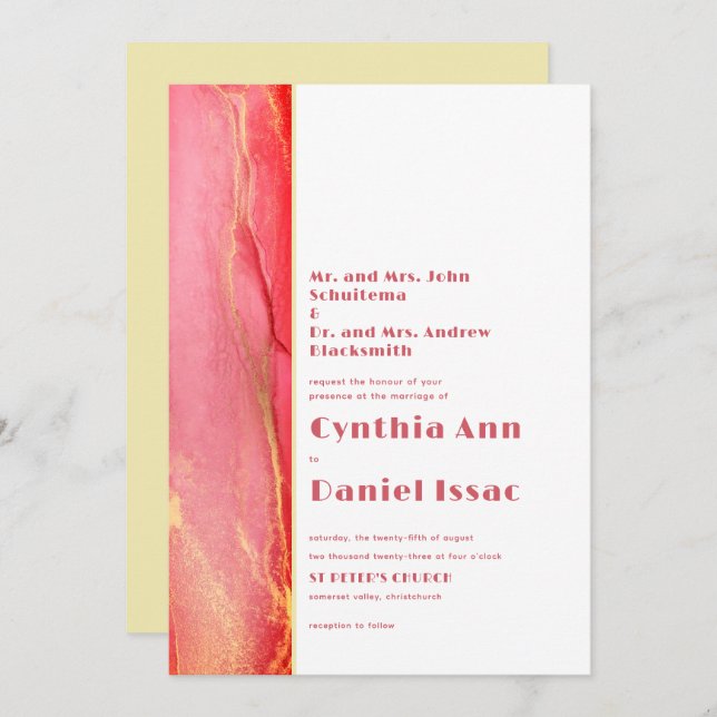 Convite para Casamento Amarelo Cor-de-Rosa Solarin (Frente/Verso)