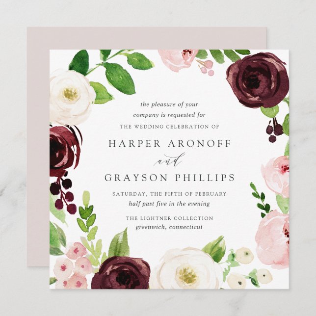 Convite para Casamento ao Quadrado do Blush Romanc (Frente/Verso)