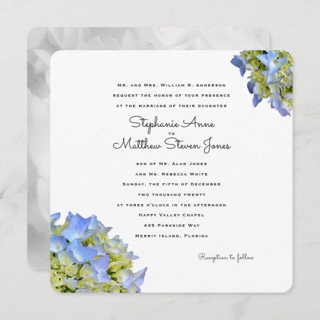 Convite para Casamento ao Quadrado Floral Azul Cla (Frente/Verso)