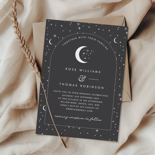 Convite para Casamento Arranjado de Carvão Celesti (Zazzle Charcoal Celestial Arched Wedding Invitation Photo)