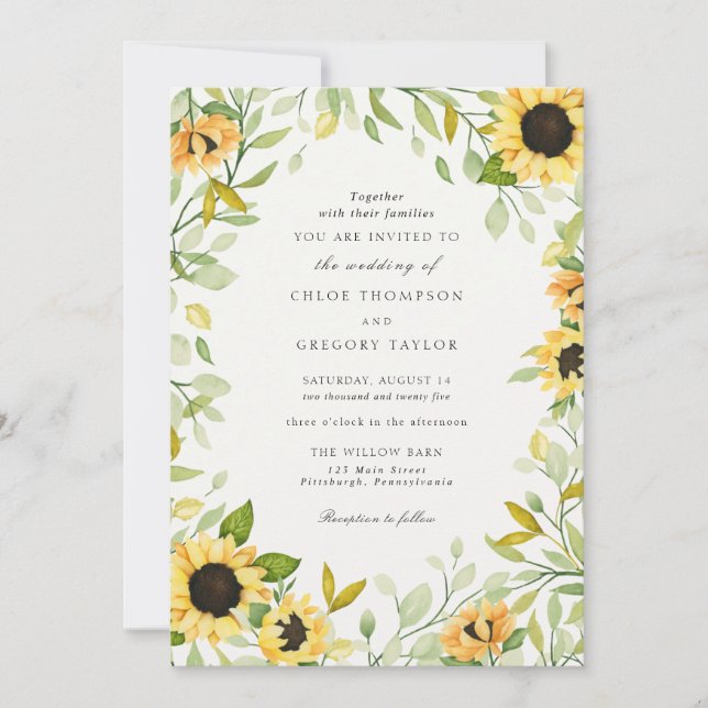 Convite para Casamento Autumn Sunflower e Greenery (Frente)