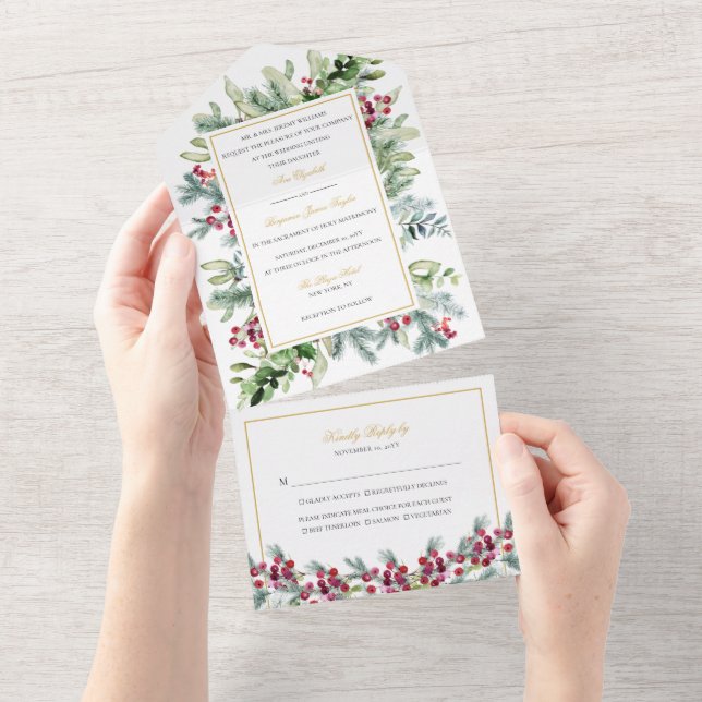 Convite para Casamento Ava Winter Berries com RSVP (Tearaway)