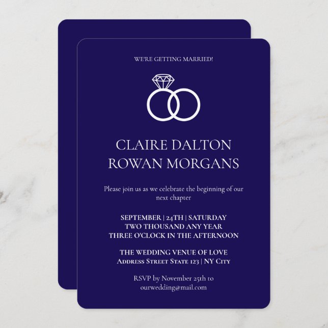 Convite para Casamento Azul de Anéis Simples (Frente/Verso)