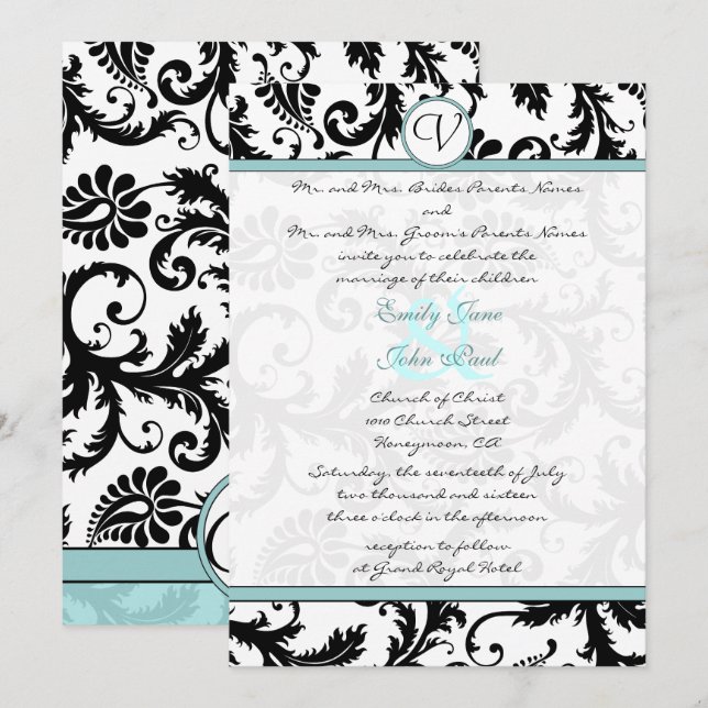 Convite para Casamento Azul de Azul-Damasco Negro (Frente/Verso)