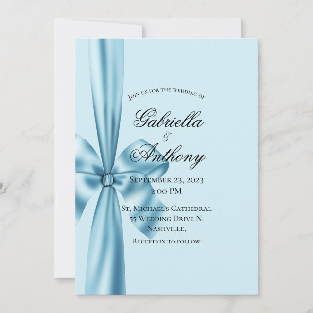 Convite para Casamento Azul de Satin Ribbon (Frente)