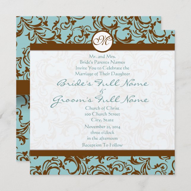 Convite para Casamento Azul de Silver Brown Damask (Frente/Verso)