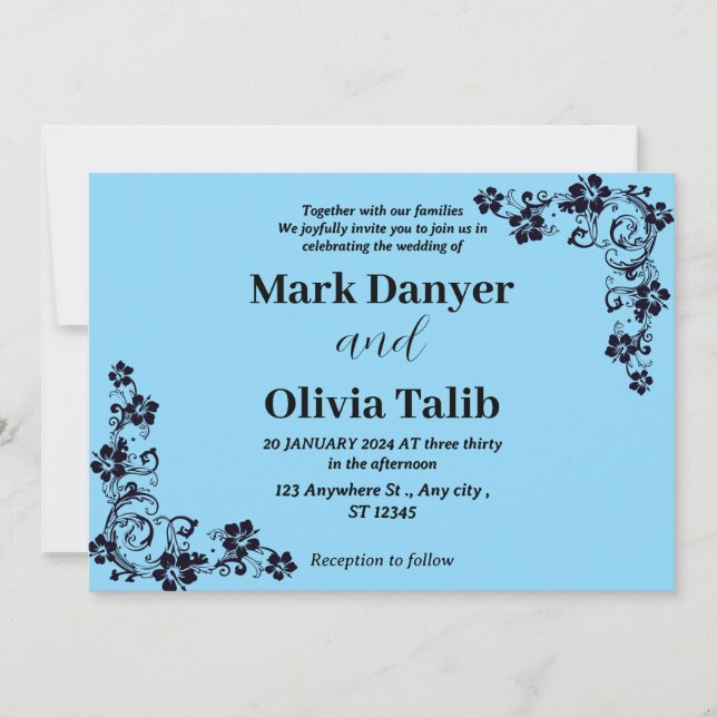 Convite para Casamento Azul do Céu Elegante - Româ (Frente)