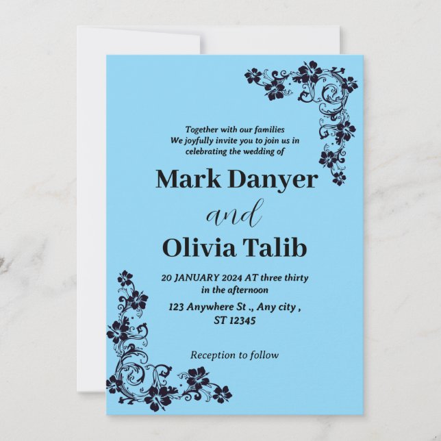 Convite para Casamento Azul do Céu Elegante - Româ (Frente)