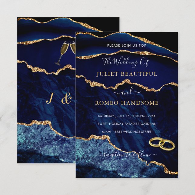 Convite para Casamento Azul Dourado Marble Marinho (Frente/Verso)