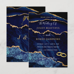 Convite para Casamento Azul Dourado Marble Marinho