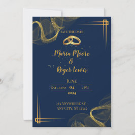 Convite para Casamento Azul e Dourado Moderno