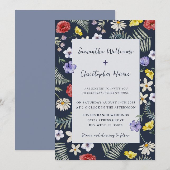 Convite para Casamento Azul Escuro de Flor Selvage (Frente/Verso)