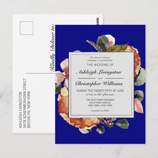 Convite para Casamento Azul Floral de outono Moder (Frente/Verso)