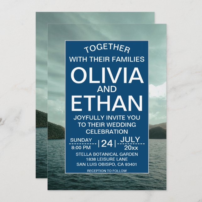Convite para Casamento Azul marinho Praia (Frente/Verso)
