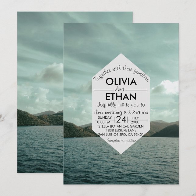 Convite para Casamento Azul marinho Praia (Frente/Verso)