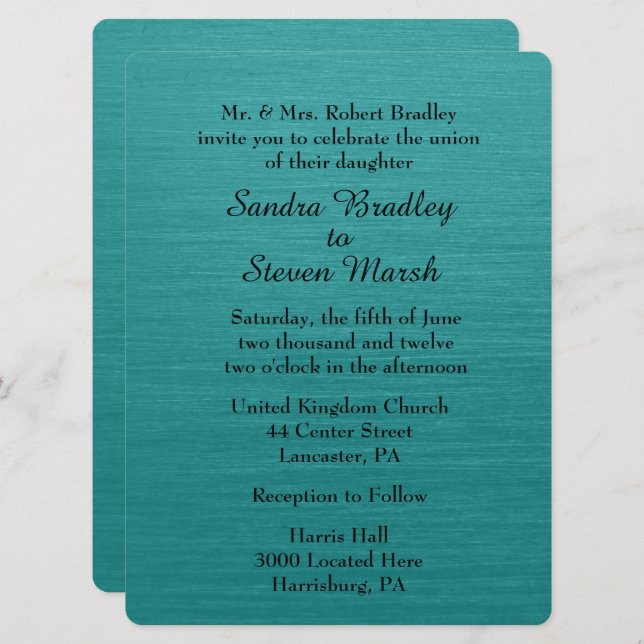 Convite para Casamento Azul Teal (Frente/Verso)