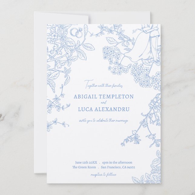 Convite para Casamento Blue Chinoiserie Toile de J (Frente)