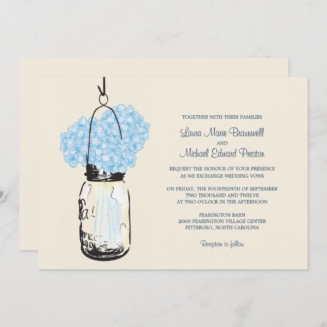 Convite para Casamento Blue Hydrangea Mason Jar (Frente/Verso)
