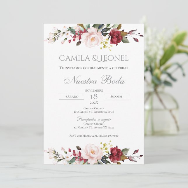 Convite para casamento Boho Floral em espanhol (Em pé/Frente)