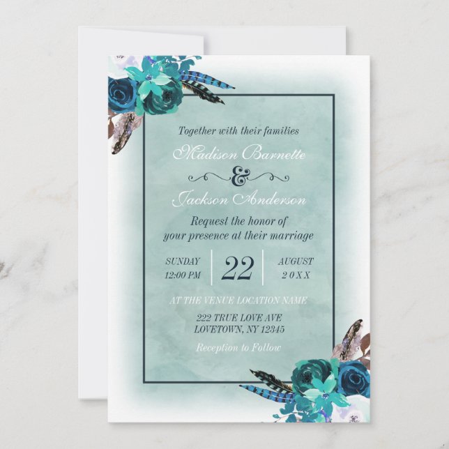 Convite Para Casamento Boho Marinho Azul Aqua Wate (Frente)