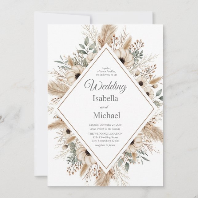 Convite para Casamento Boho Watercolor com Diamond (Frente)
