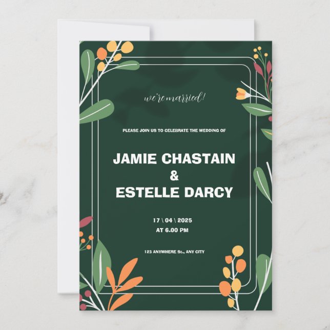 Convite para Casamento Bordado Verde (Frente)