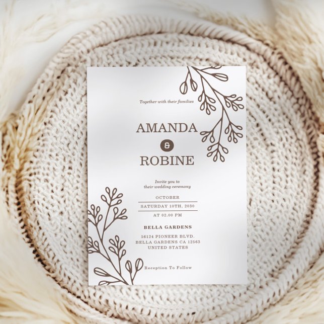 Convite Para Casamento Botânico Castanho Minimalis (Criador carregado)