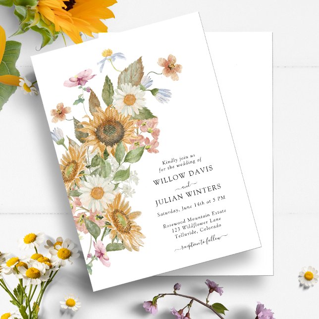 Convite para Casamento Botânico de Girassol (Elegant Sunflower Wildflower Botanical Wedding Invitation by Painted Paperie
)