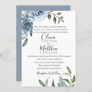 Convite para Casamento Botânico Dusty Blue
